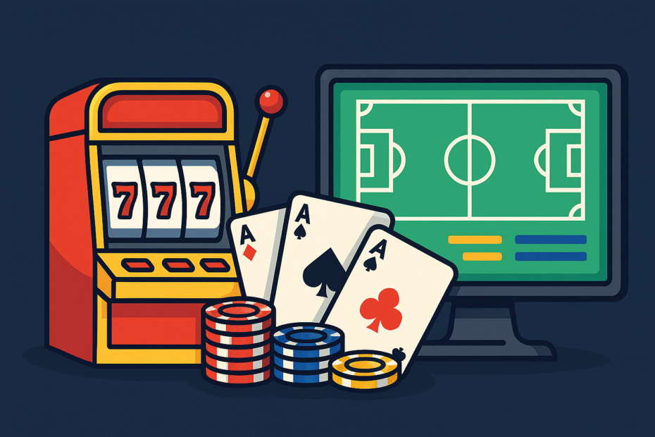 슬롯머신, 포커 카드, 카지노 칩, 스포츠 베팅 화면이 함께 표현된 온라인카지노 추천 관련 일러스트